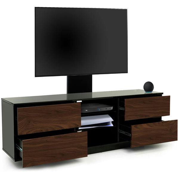 Homeology Avitus Gloss Black with 4-Walnut Drawers and 3-Shelves up to 65" LED/LCD/Plasma TV Stand with Mounting Arm