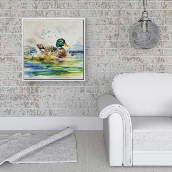 Warren Reed Splashing Mallard Watercolour Framed Canvas