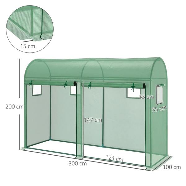 Green walk-in greenhouse layout with PE cover, steel frame, double doors and side windows