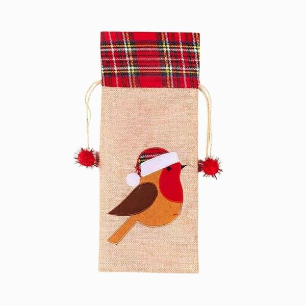 15 x 35 cm Christmas Wine Bottle Cover Bag with Drawstring, Festive Robin Printed Design image 1