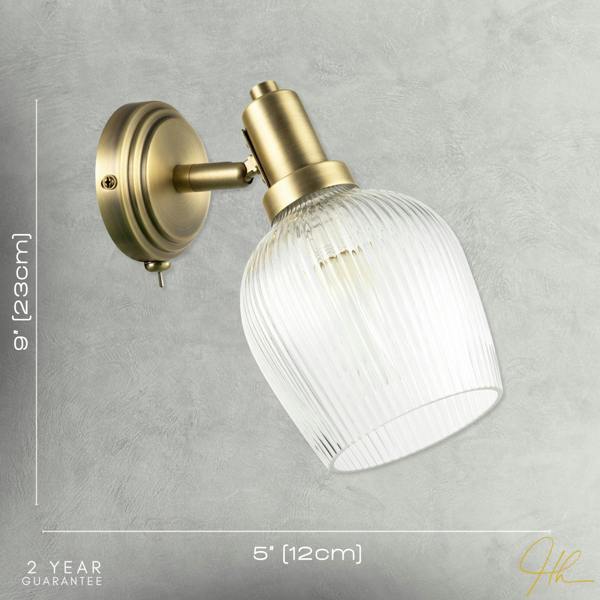 Classy Antique Brass Switched Wall Light with Clear Ribbed Glass Shade Image 7