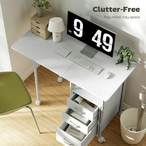 105 x 51 cm Foldable Office Deskwith 3 Drawers, Extendable Top, Wheels, White