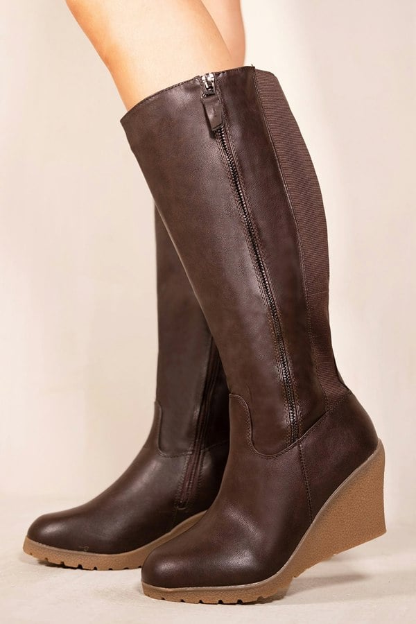 Where's That From Lara Wedge Heel Mid Calf High Boots With Side Zip in Chocolate Brown Faux Leather