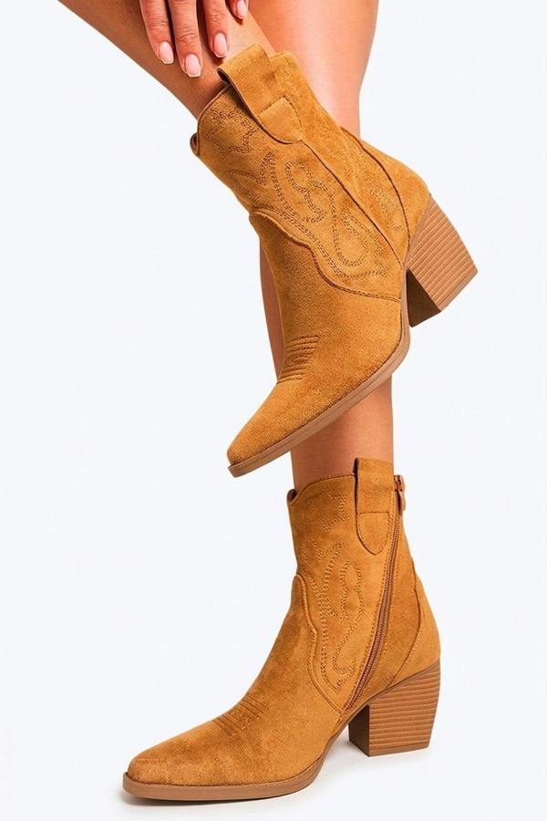 Laura Suede Cowboy Ankle Length Boots - Camel_wb