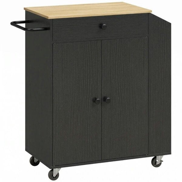 Rolling Kitchen Island with 3-Tier Spice Rack, Kitchen Storage Cart with Drawer and Towel Rack, Black