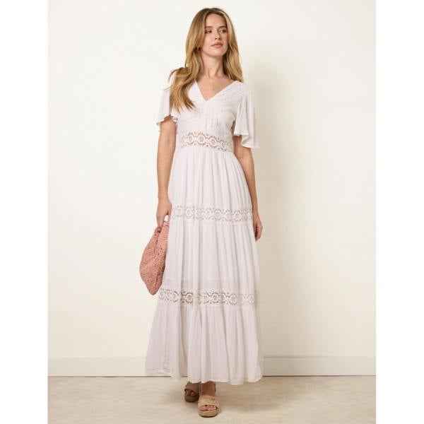 Blue Vanilla V-Neck Tiered Crochet Detail Maxi Dress