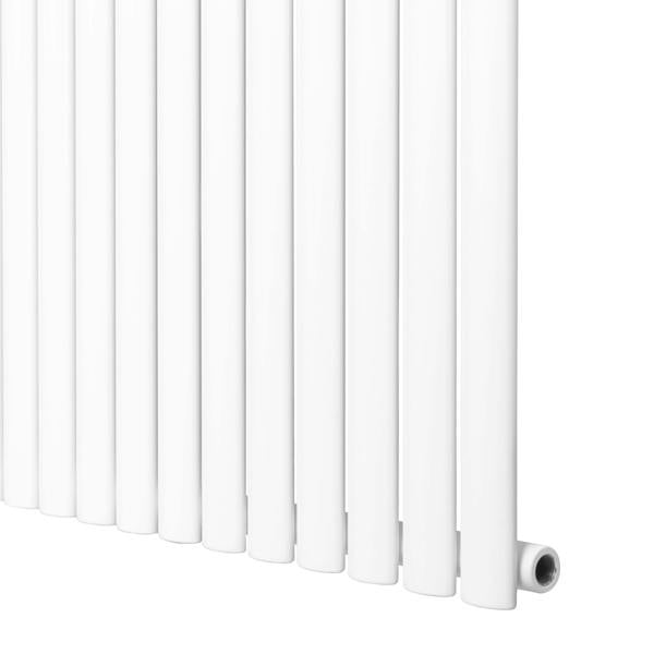 Oval single column radiator in sleek white finish, measuring 600 x 600mm, featuring smooth, rounded edges and vertical bars