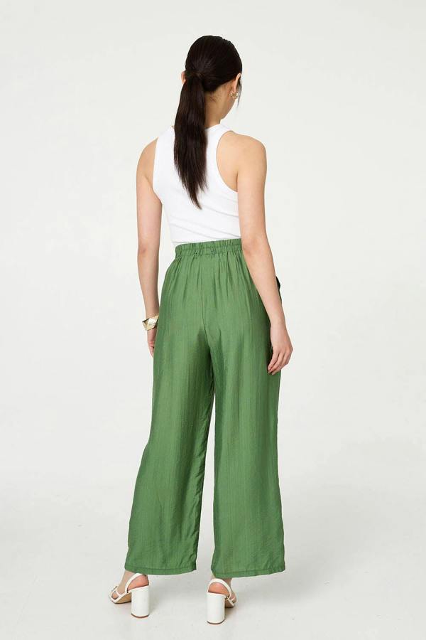 Khaki | Elasticated High Waist Wide Leg Trousers