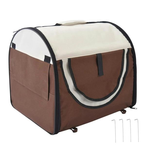 Brown folding fabric pet crate with arched front door and mesh side panels