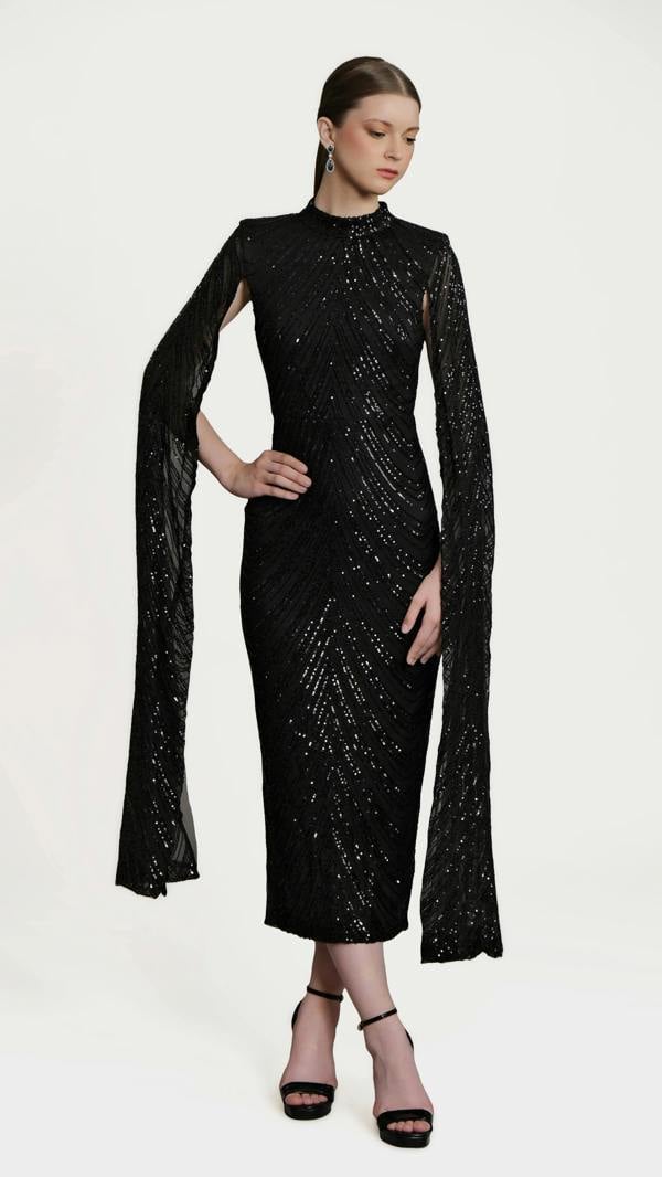 LuvForever Erinna - Black Cape Sleeve Sequin Midi Dress