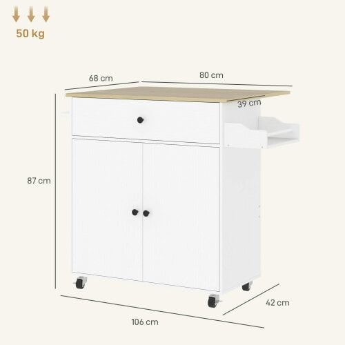 Wyld Haus Seto Wooden White Rolling Kitchen Island With Drop Leaf Drawer Spice Rack And Towel Rail