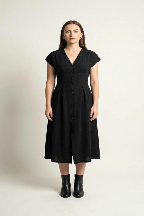 Reeva Button Down Cap Sleeve Midi Dress - Black