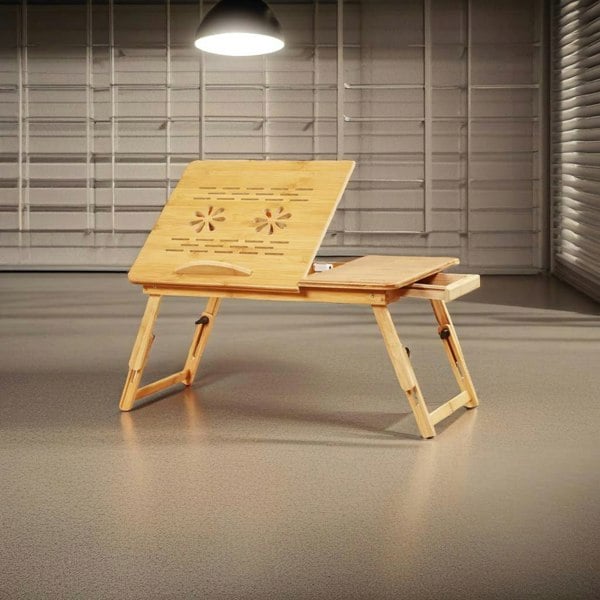 Modcraft Adjustable Bamboo Laptop Bed Tray Table with Drawer, Folding Stand for 14" Laptops, Portable Desk