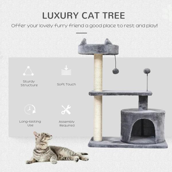Grey cat tree tower with multi-level perches, enclosed condo, and hanging plush ball toys