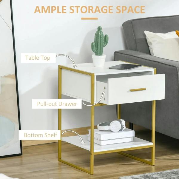 White bedside table with gold frame, pull-out drawer and bottom shelf for storage.