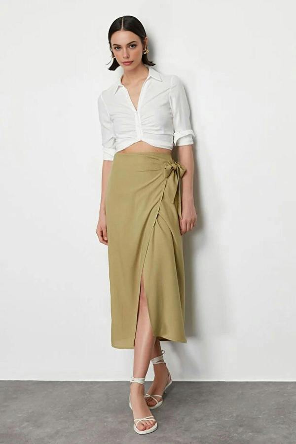 WOVCOR Double Breasted Maxi Length Woven Skirt with Tie Detail