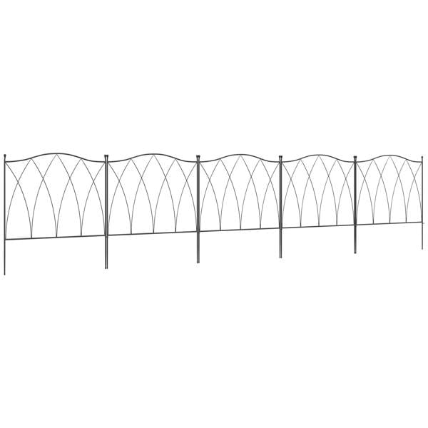 Black decorative metal fence panels set, arched lattice design with vertical stakes