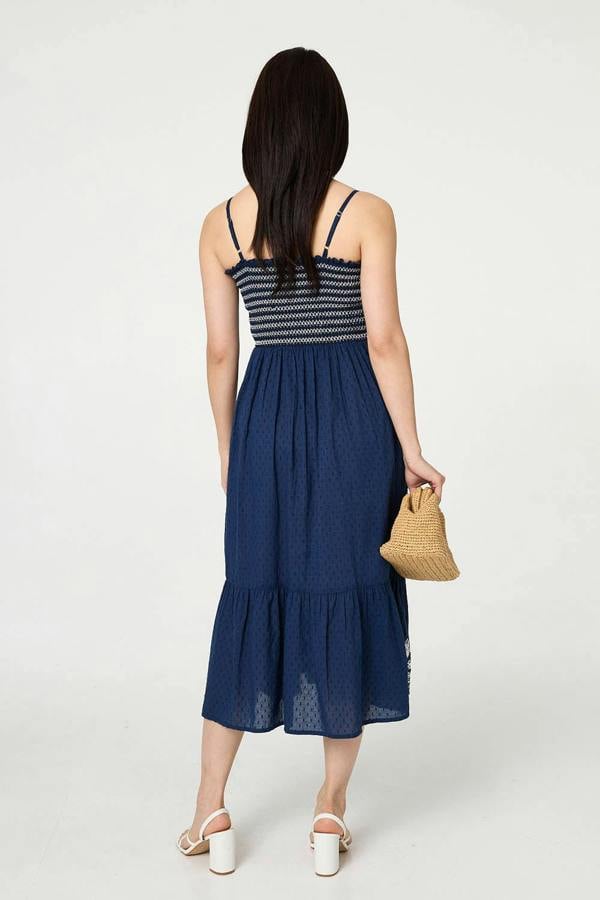 Blue | Embroidered Border Cami Strap Midi Dress