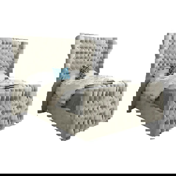 Casa Magna Parma Wide Curved Winged Upholstered Soft Velvet Bed Frame - Cream