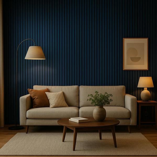 Modern living room with a beige sofa, wooden coffee table, and decorative elements against a dark blue slat wall.
