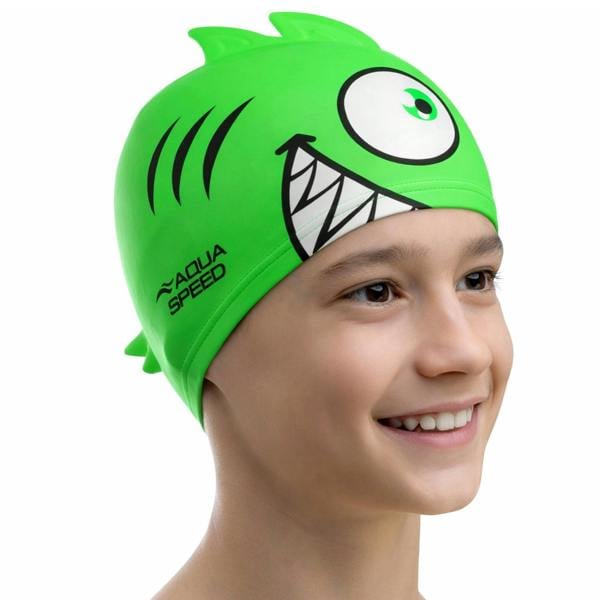Aqua Speed Boys Girls Piranha Patterned Swimming Cap | Silicone 3D Print Easy Fit Swim Cap