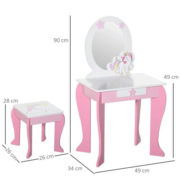 Pink kids vanity table set with oval mirror and matching stool, sturdy legs