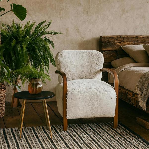 Wyld Haus Luna Cosy Upholstered Natural Faux Shearling and Wood Cosy Accent Armchair