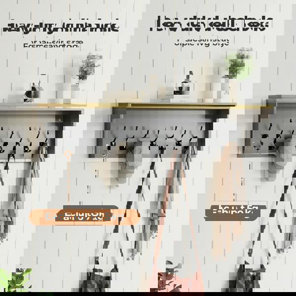 Levede Coat Rack Wall Mounted 7 Double Hooks Wood Entryway Hallway Storage Shelf