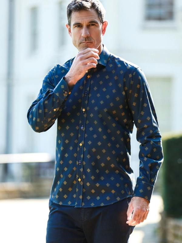 TALISMAN MOSAIC PRINT MEN'S LONG SLEEVE SATIN COTTON SHIRT - Claudio Lugli Shirts