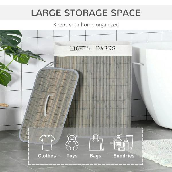 Grey laundry hamper with lid and side handle, two-color storage label “LIGHTS” and “DARKS”