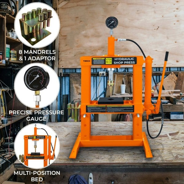T-mech Hydraulic Shop Press with Gauge – 10 Tonne