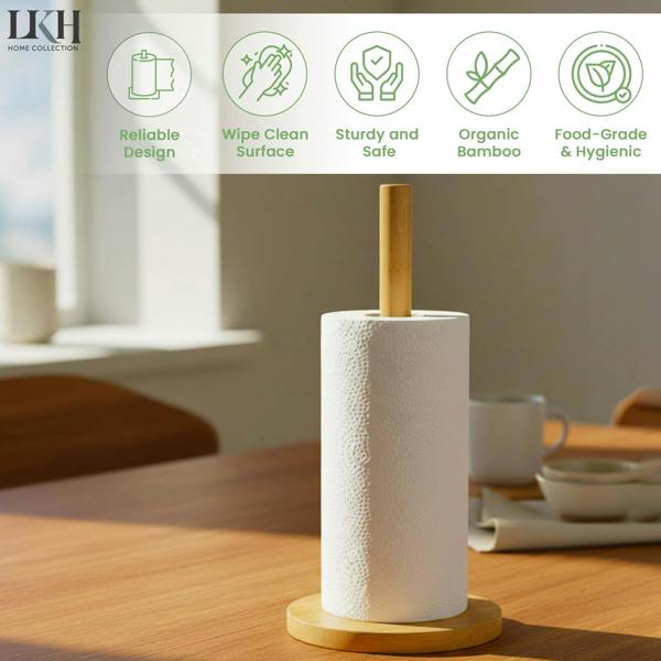 LKH HOME COLLECTION Bamboo Kitchen Roll Holder – Freestanding Paper Towel Holder with Sturdy Base - Organic Natural Bamboo Tissue Stand
