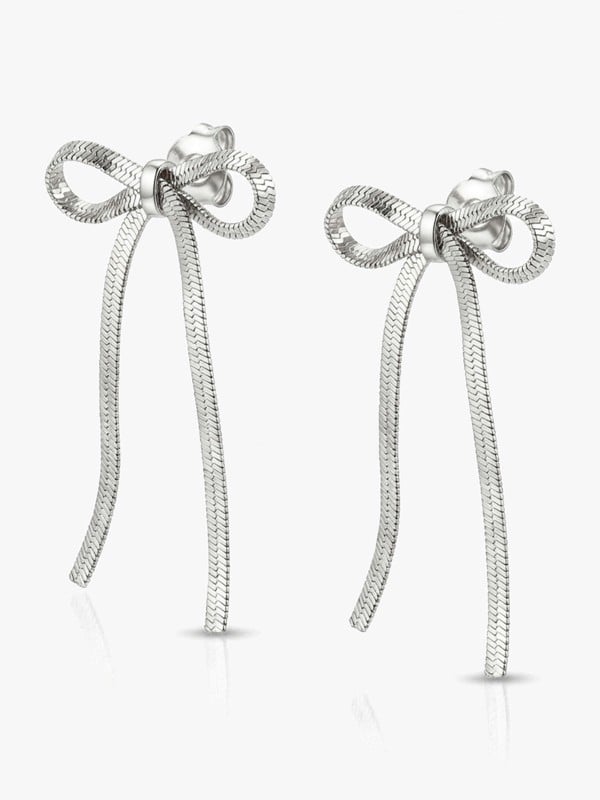 MUCHV Bow Stud Earrings With Herringbone Chain - Silver