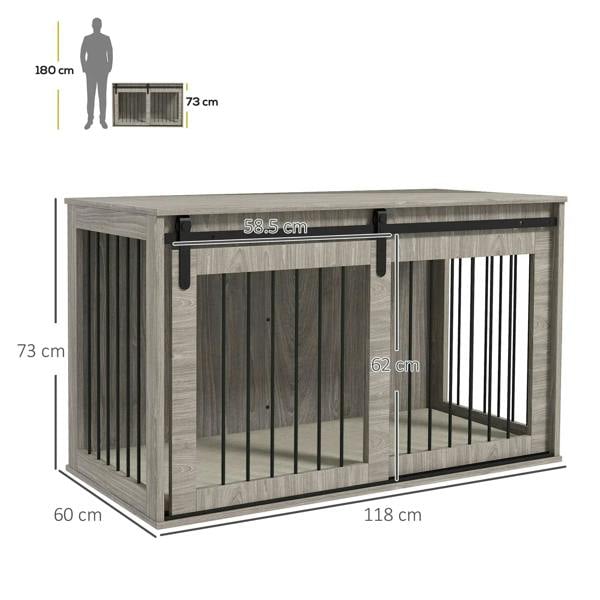 Walnut-brown extra-large dog crate furniture with slatted panels and front latch bar