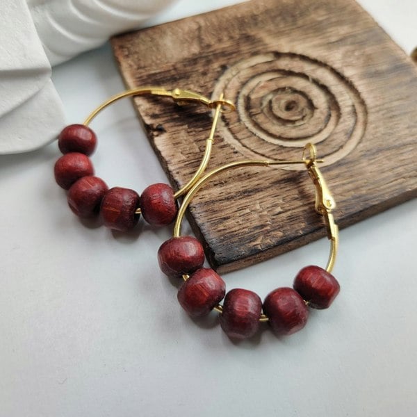 The Colourful Aura Red Sandalwood Beaded Huggie Dainty Hindu Asian Bali Boho Hoop Earring