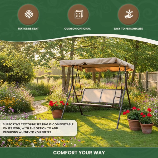Textoline & Steel 2 Seater Swing Seat with Adjustable Angled Canopy, Light Beige Textoline and Brown Steel Frame, Flat Pack