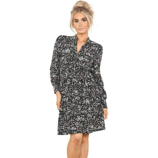Elaina Fashion Women's Black Floral Print A-Line Loose Pleated Ruffle Cocktail Swing Mini Dress