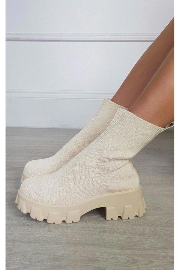 Lydia Chunky Sock Boots - Beige