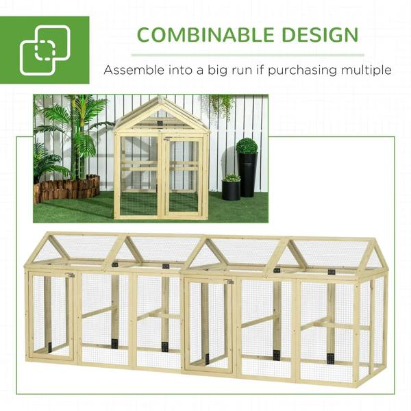 Combinable wooden chicken run with wire mesh walls and double-door front, natural wood finish