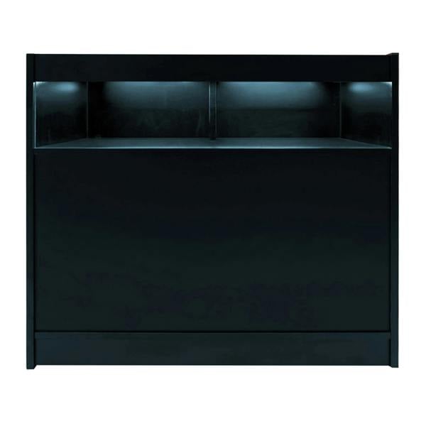 Sagittarius LED Shop Counter Set in sleek black, featuring a smooth surface, illuminated shelves, and modern design for retail spaces