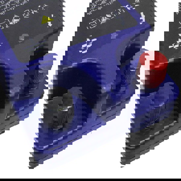 T-Mech Electric Fence Energiser in purple with black and red terminals, designed for powering fences up to 10 km, compact and durable