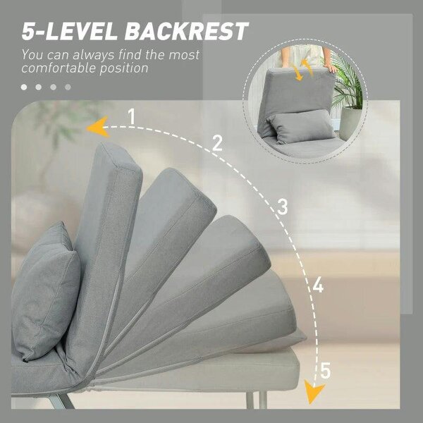 Single Sofa Bed, 3-in-1 Convertible Folding Chair Bed with Adjustable Backrest, Removable Armrests, Light Grey