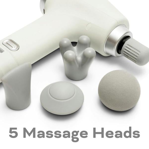 The Reviber Deep Tissue Percussion Massage Gun with Long Reach Handle is shown in white, accompanied by five interchangeable gray massage heads. Text below states: 5 Massage Heads. Brand: Reviber.