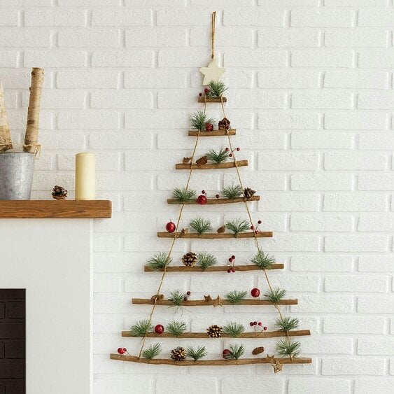 Neo Wooden Hanging Wall Xmas Christmas Tree Ladder Decoration Rustic Nordic Hygge Style with Pine Cones Red Berries Jute Rope Wall Mounted Décor