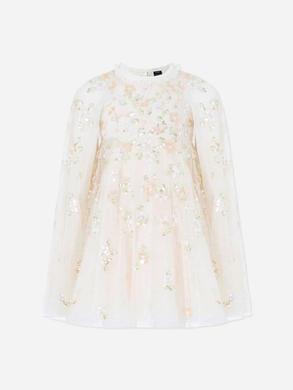 Needle & Thread Girls Freesia Shimmer Cape Dress in Ivory