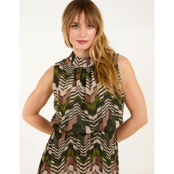Blue Vanilla Tile Print High Neck Sleeveless Dress