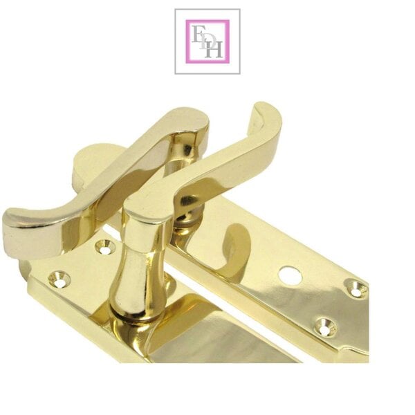 EDH Door Hardware Brass Finish Epsom Victorian Scroll on Shaped Back Plate Lock Door Handle