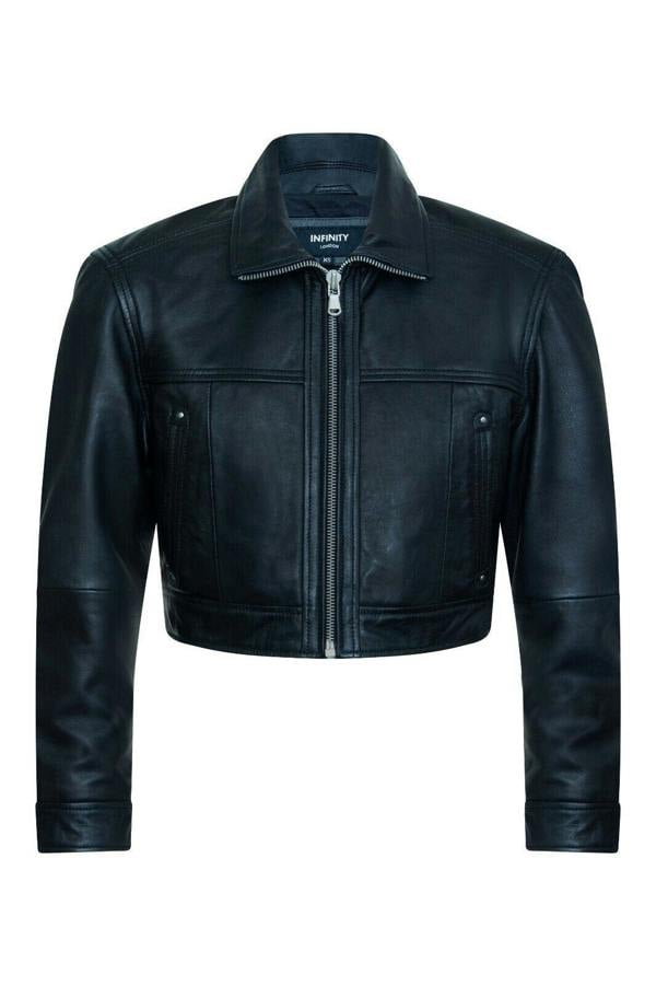 Infinity Leather Womens Black Cropped Biker Leather Jacket - Dubai