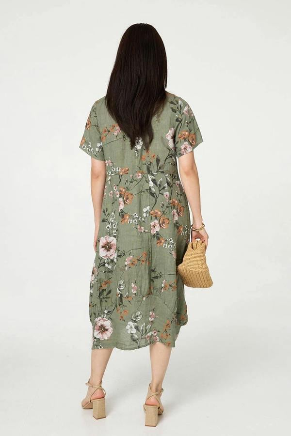 Khaki | Floral Short Sleeve Oversized Midi Dress