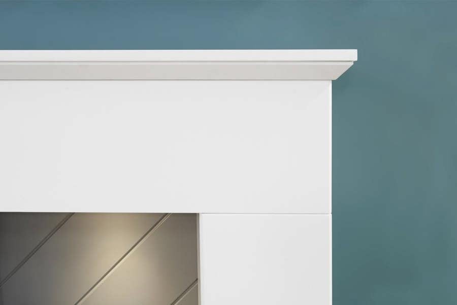 Adam Corinth Stove Fireplace in Pure White & Grey with Downlights & OKO S1 Bio Ethanol Stove in Charcoal Grey, 48 Inch